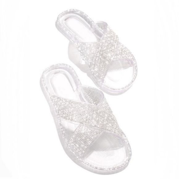 NEWEmbellished Criss Cross Jelly Slides in Clear - Picture 2 of 7